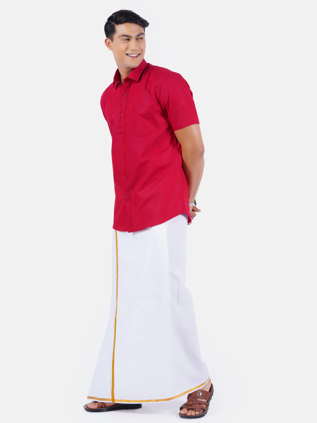 Men Red Half Sleeves Shirt with 1/2" Inch Gold Jari Border Single Layer Dhoti Combo - Image 2
