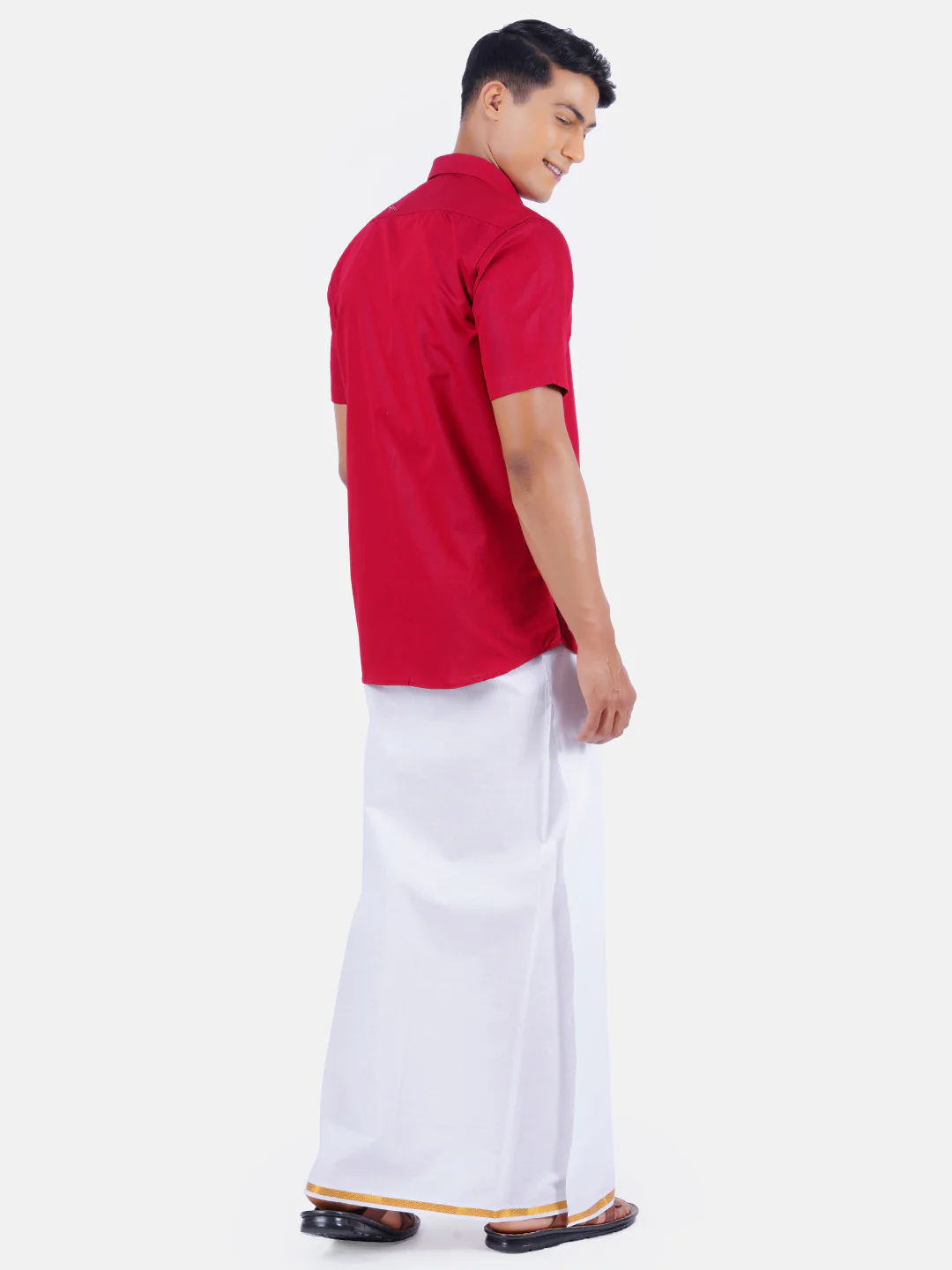 Men Red Half Sleeves Shirt with 1/2" Inch Gold Jari Border Single Layer Dhoti Combo - Image 3