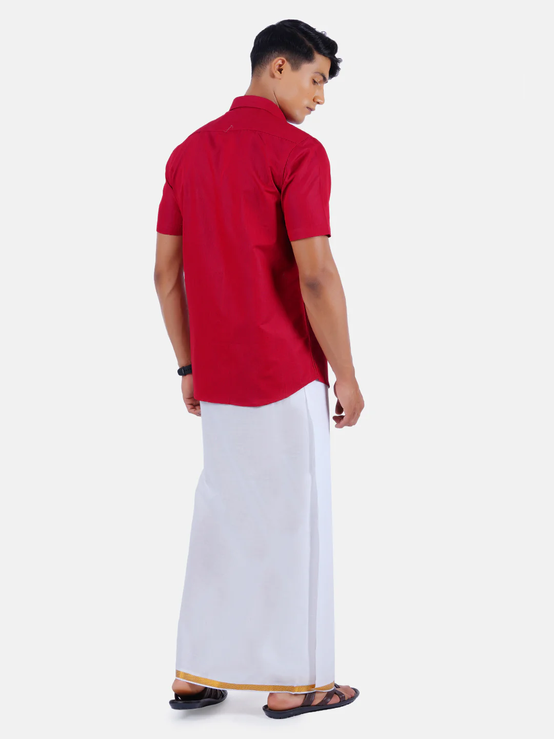 Men Red Half Sleeves Shirt with 3/4" Inch Gold Jari Border Single Layer Dhoti Combo - Image 3