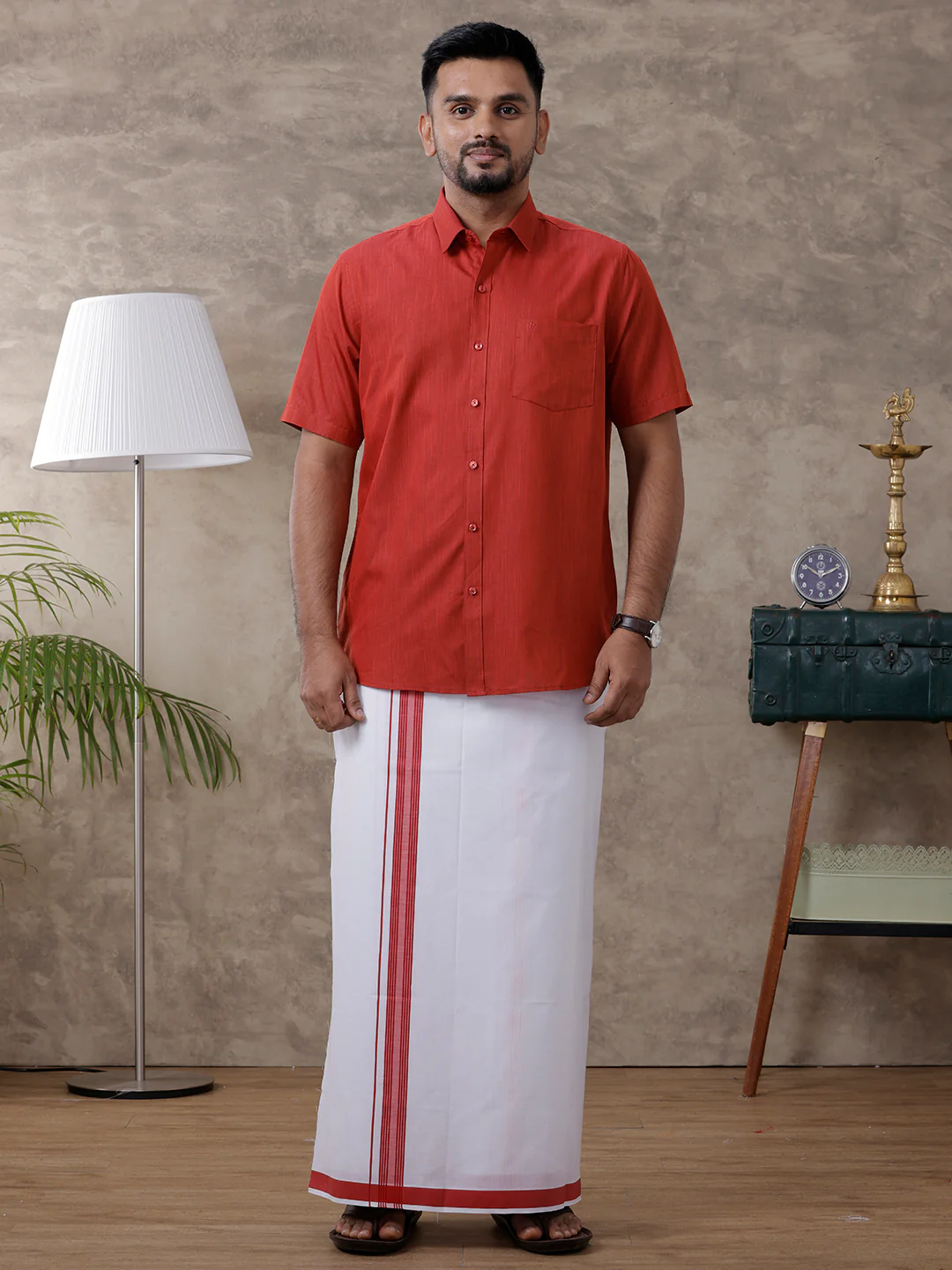 Men Red Matching Border Dhoti & Half Sleeves Shirt Set Evolution IC5 - Image 2