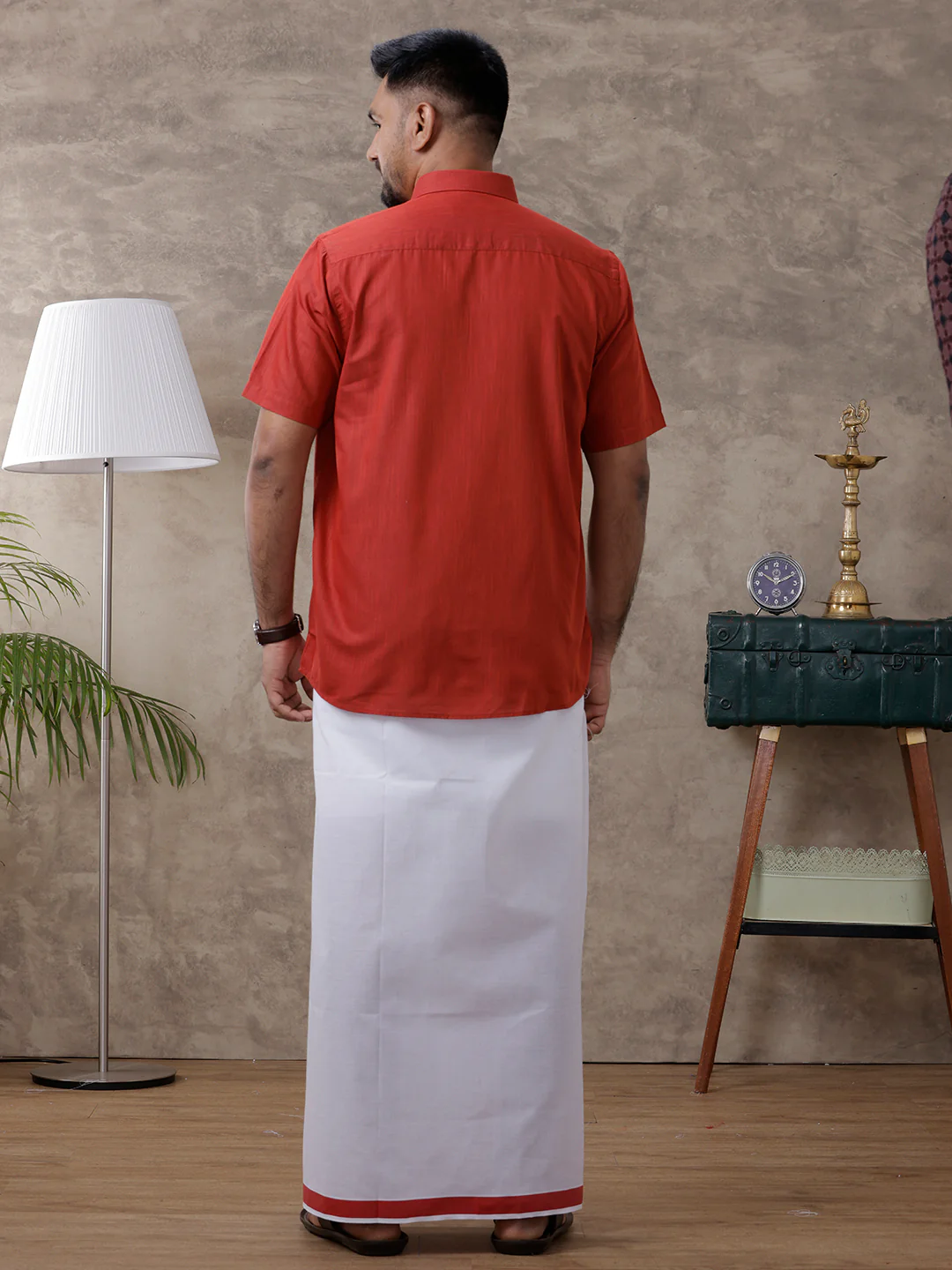 Men Red Matching Border Dhoti & Half Sleeves Shirt Set Evolution IC5 - Image 3
