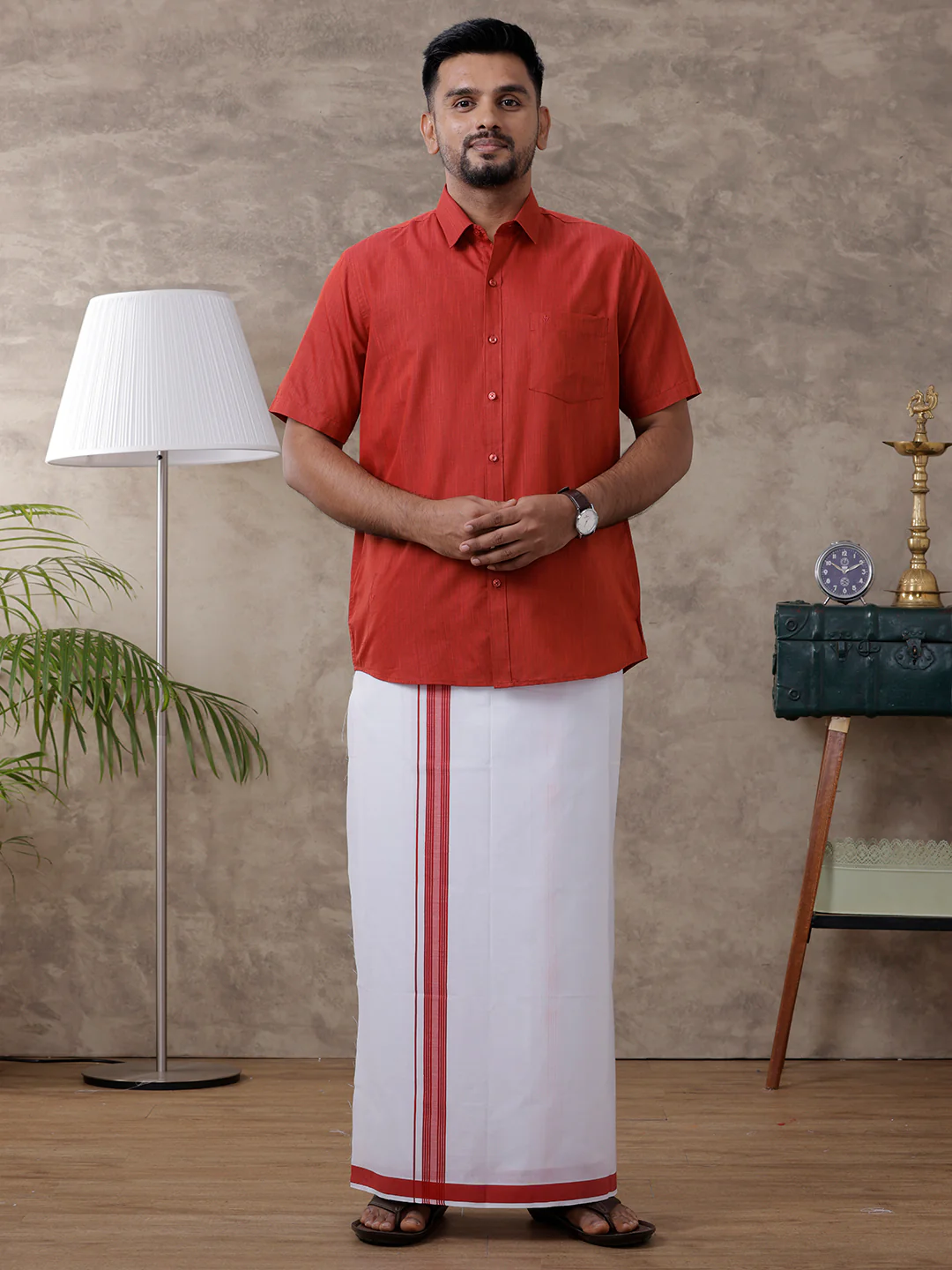 Men Red Matching Border Dhoti & Half Sleeves Shirt Set Evolution IC5 - Image 5
