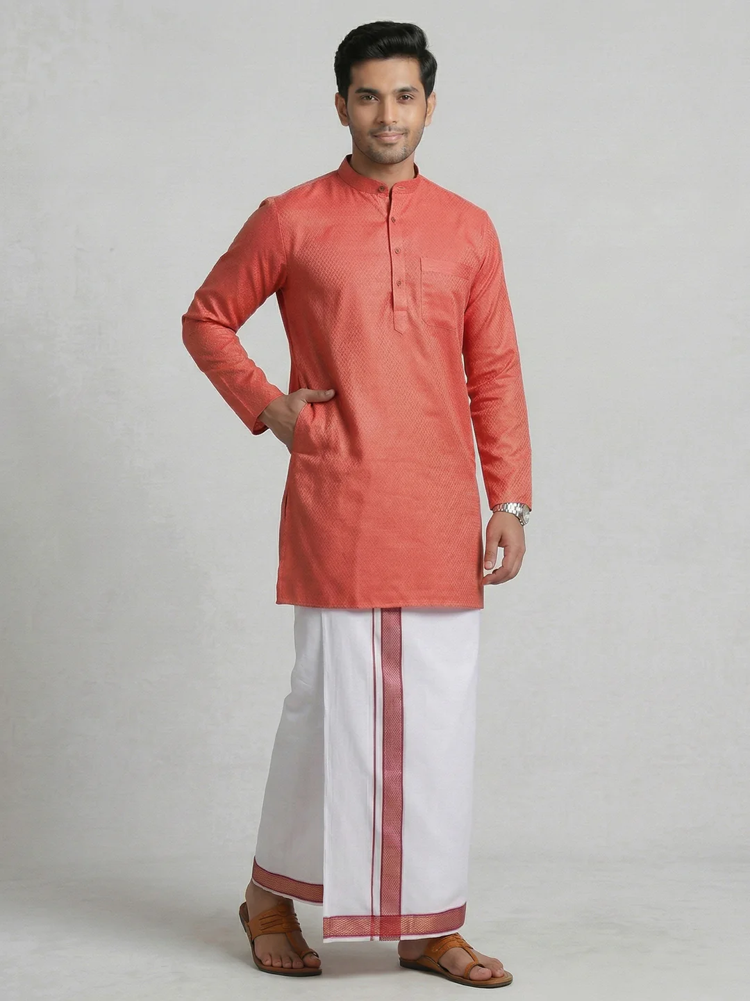 Men Reddish Pink Medium Length Kurta with Matching Border Dhoti Set MHJ3