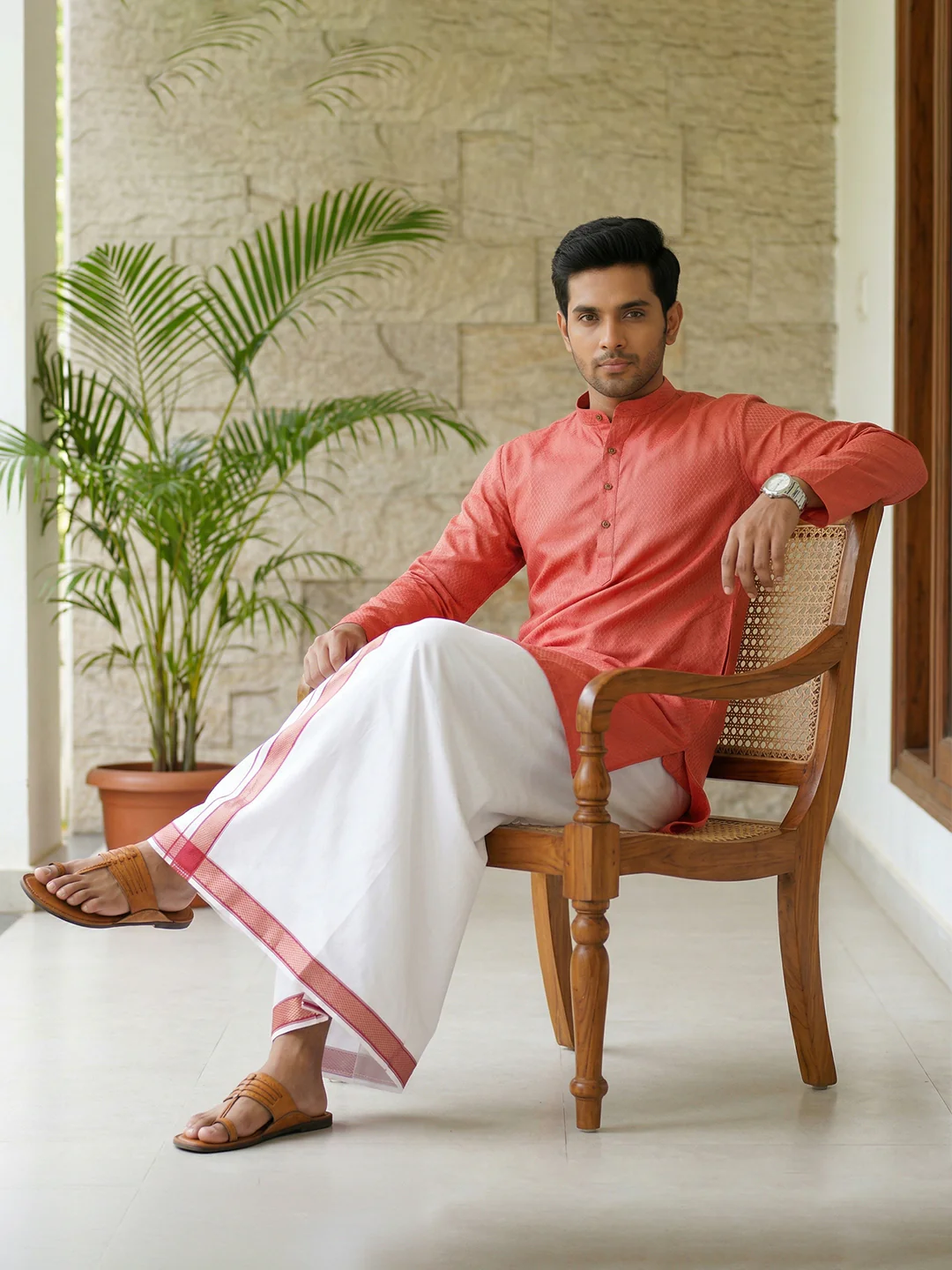 Men Reddish Pink Medium Length Kurta with Matching Border Dhoti Set MHJ3 - Image 2