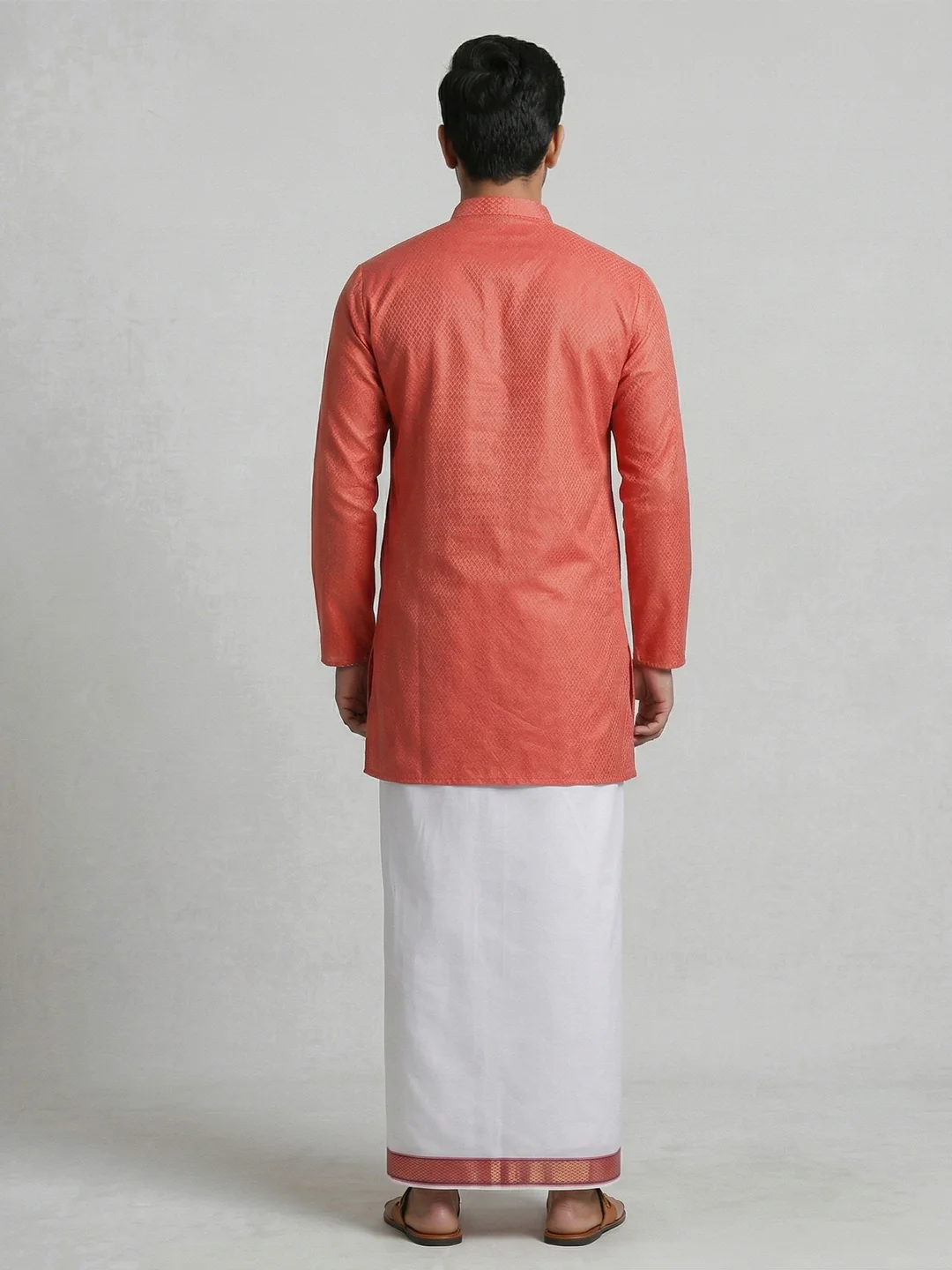 Men Reddish Pink Medium Length Kurta with Matching Border Dhoti Set MHJ3 - Image 4