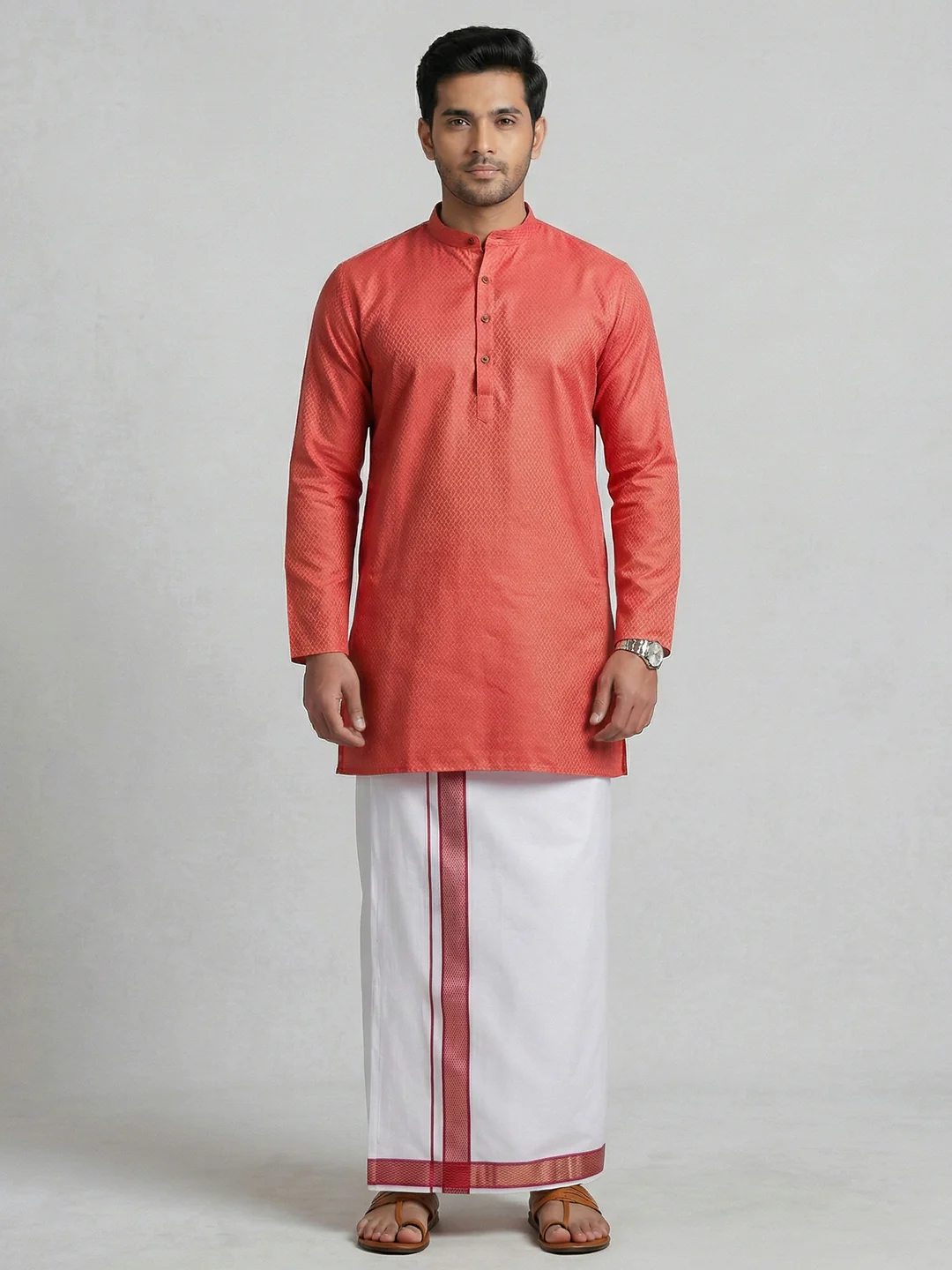 Men Reddish Pink Medium Length Kurta with Matching Border Dhoti Set MHJ3 - Image 5