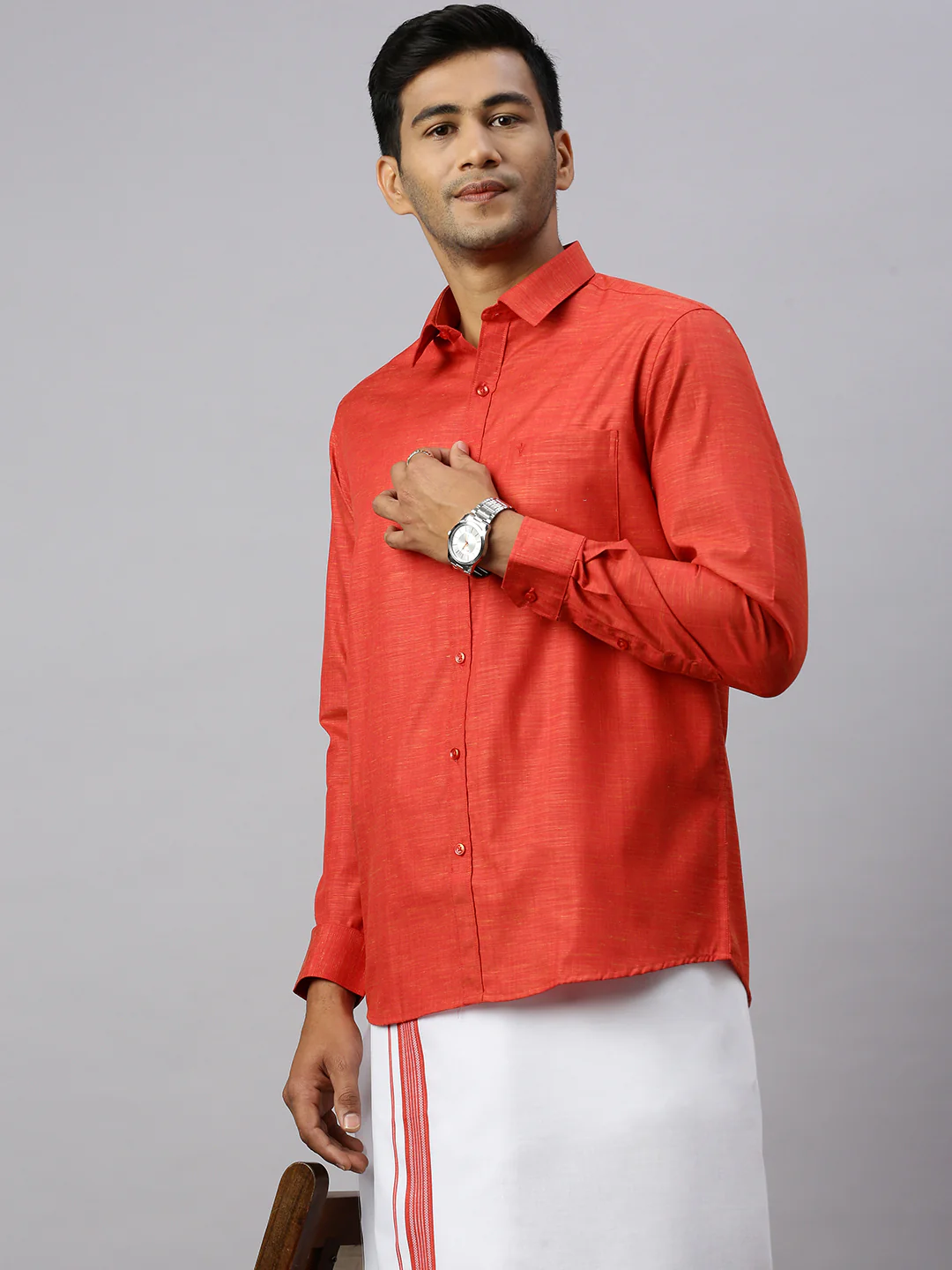 Men Rosewood Red Matching Border Dhoti & Full Sleeves Shirt Set CV4 - Image 2