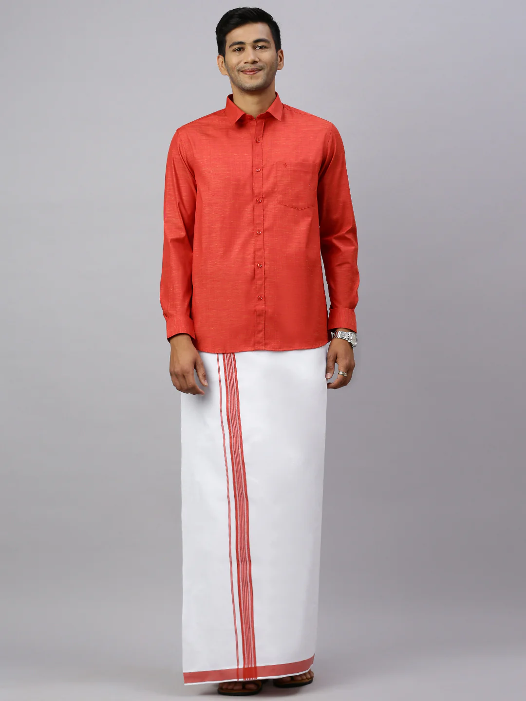 Men Rosewood Red Matching Border Dhoti & Full Sleeves Shirt Set CV4 - Image 3