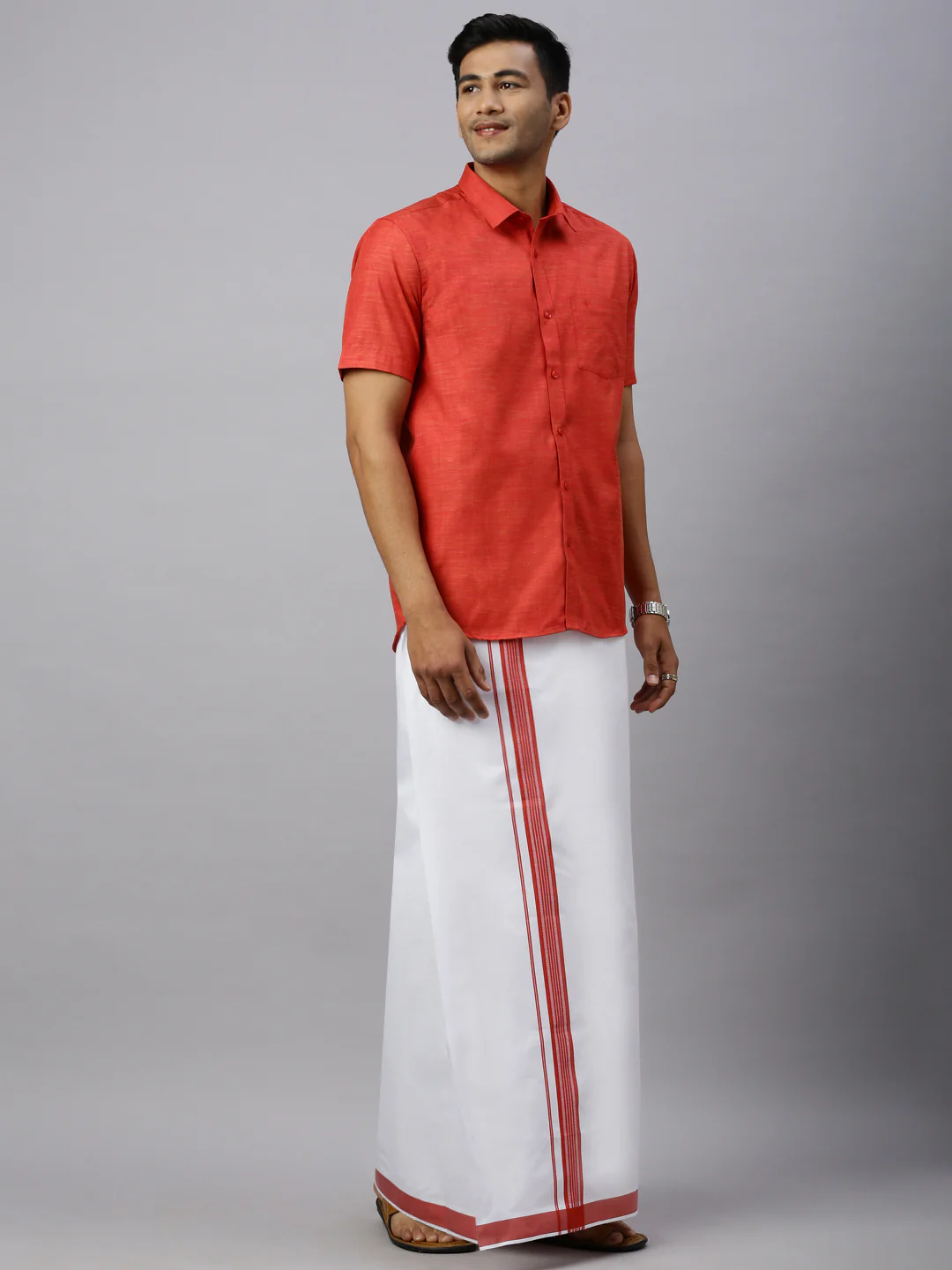 Men Rosewood Red Matching Border Dhoti & Half Sleeves Shirt Set CV4 - Image 2