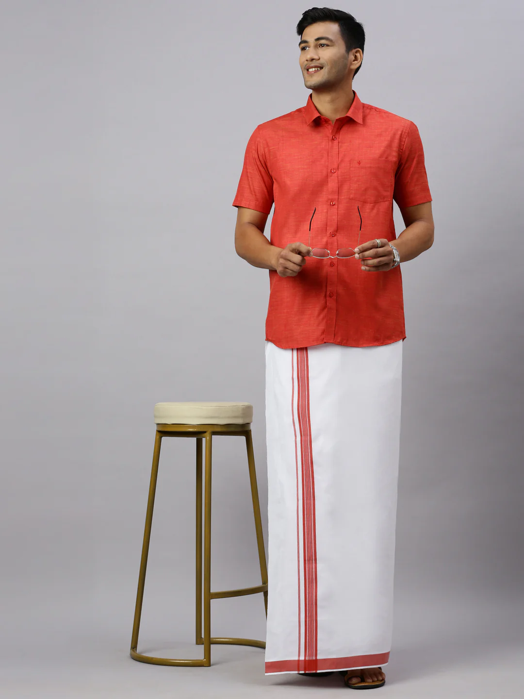 Men Rosewood Red Matching Border Dhoti & Half Sleeves Shirt Set CV4 - Image 3