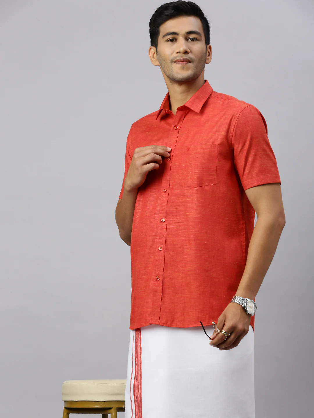 Men Rosewood Red Matching Border Dhoti & Half Sleeves Shirt Set CV4 - Image 4