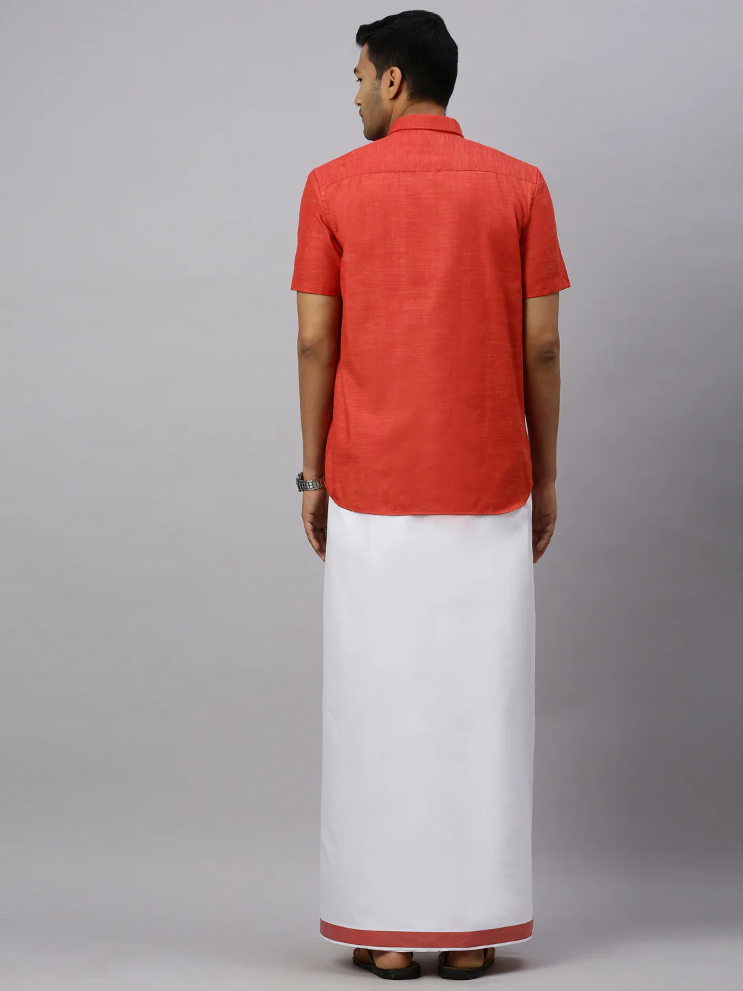 Men Rosewood Red Matching Border Dhoti & Half Sleeves Shirt Set CV4 - Image 5