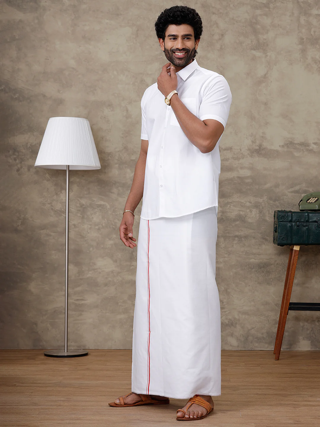 Men Rubio White Shirt with Small Border Dhoti Combo - Image 2