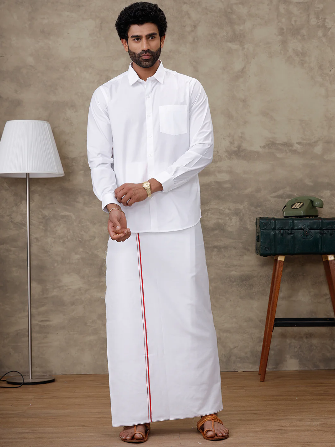 Men Rubio White Shirt with Small Border Dhoti Combo - Image 4