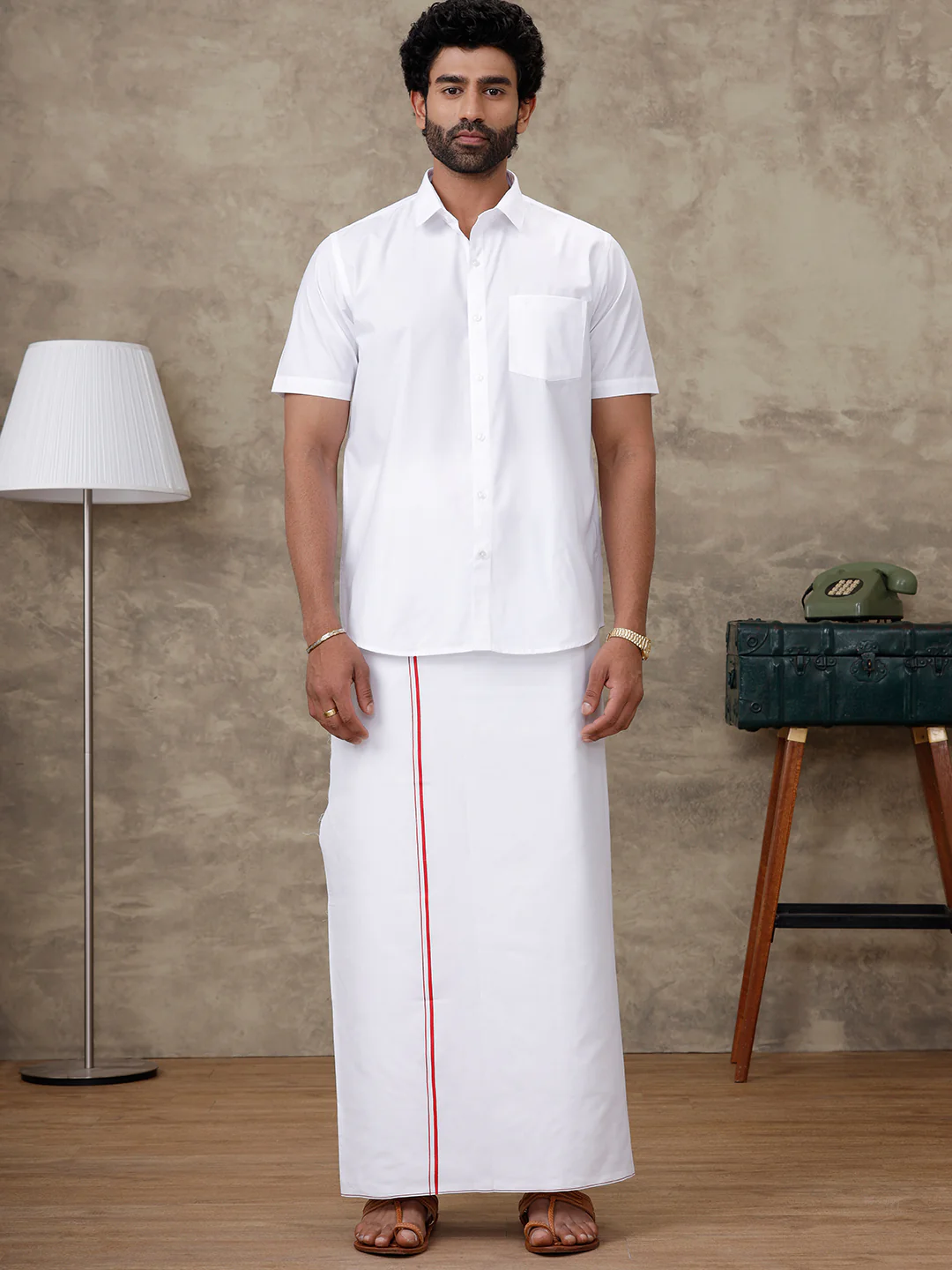 Men Rubio White Shirt with Small Border Dhoti Combo - Image 6