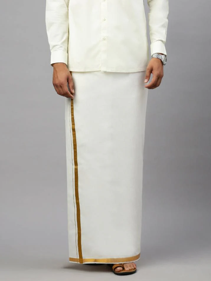 Men’s 100% Cotton Double Layer Cream Dhoti with 3/4" Gold Jari Border Arputha