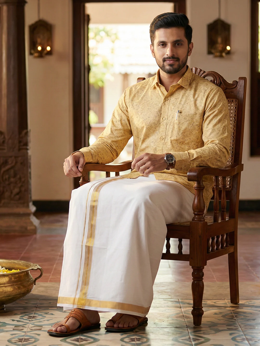 Men Sandal Matching Border Dhoti With Printed Shirt Set Fusion PS21 - Image 3