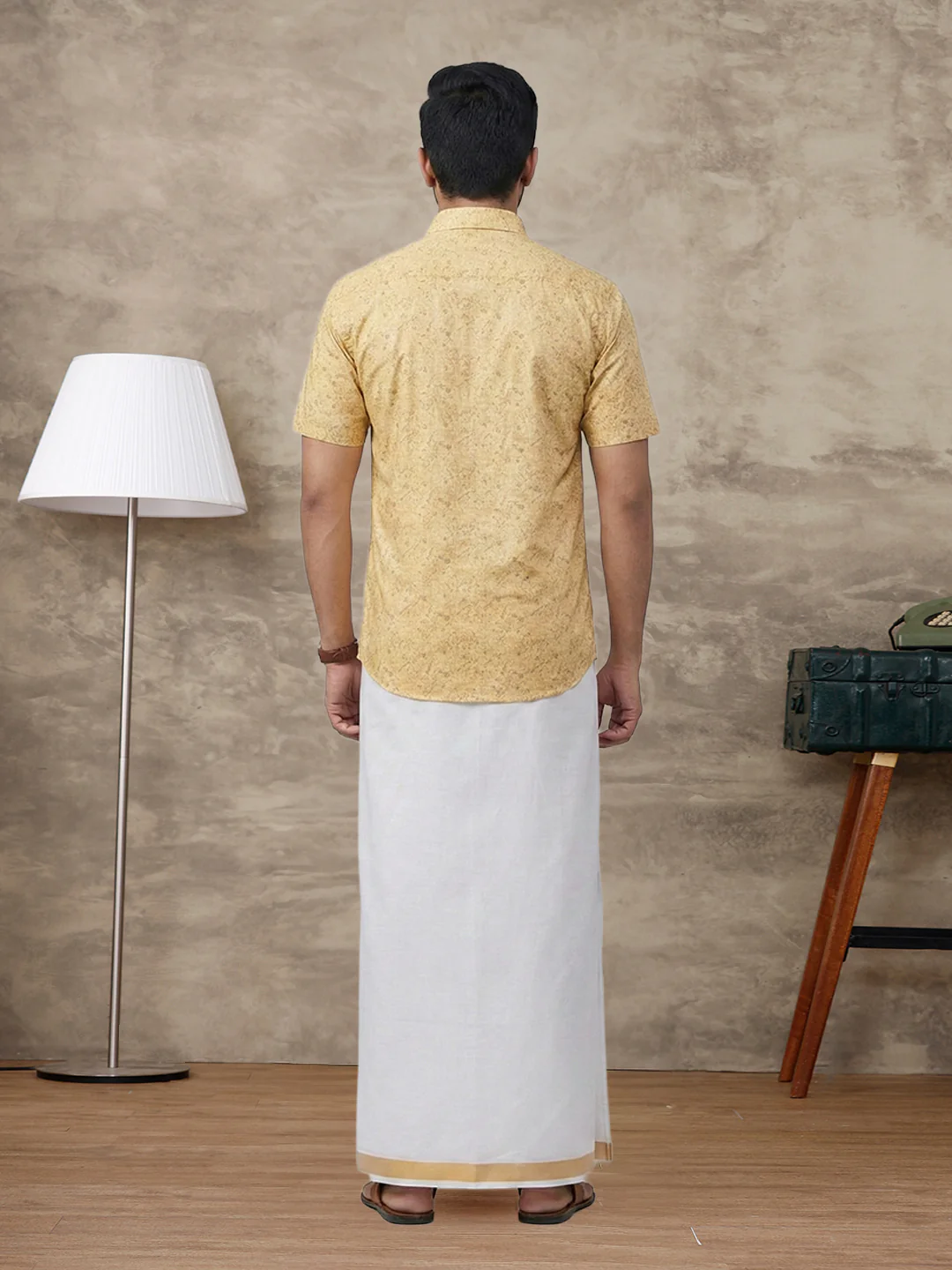 Men Sandal Matching Border Dhoti With Printed Shirt Set Fusion PS21 - Image 4