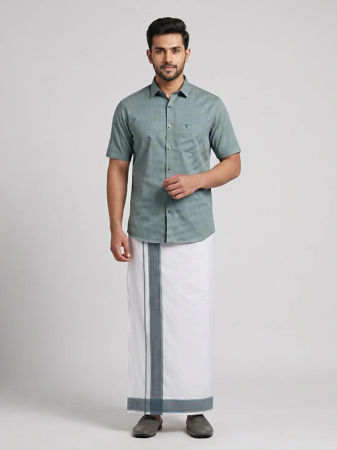 Men Seafoam Green Matching Border Dhoti With Printed Shirt Set Windsor HNJ3 - Image 2