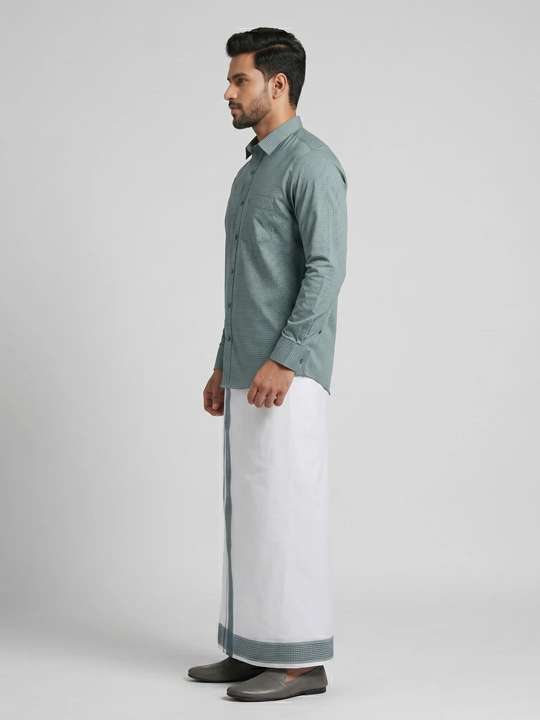 Men Seafoam Green Matching Border Dhoti With Printed Shirt Set Windsor HNJ3 - Image 3