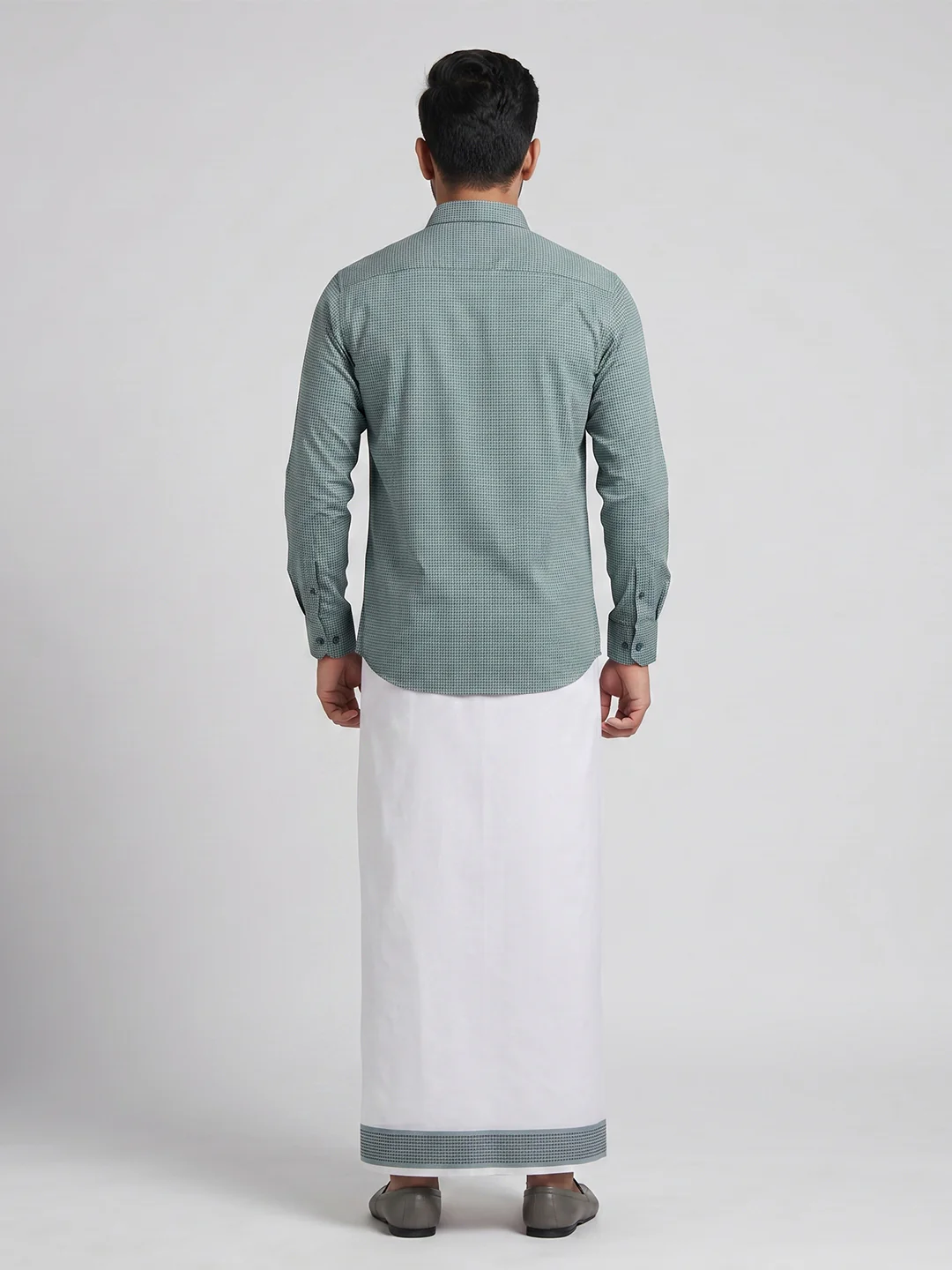 Men Seafoam Green Matching Border Dhoti With Printed Shirt Set Windsor HNJ3 - Image 4