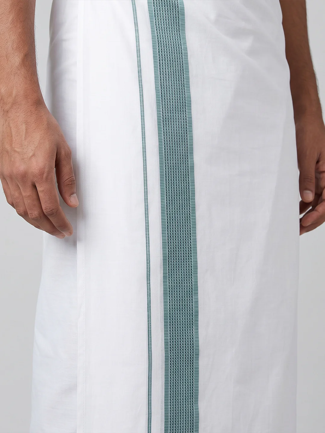 Men Seafoam Green Matching Border Dhoti With Printed Shirt Set Windsor HNJ3 - Image 6