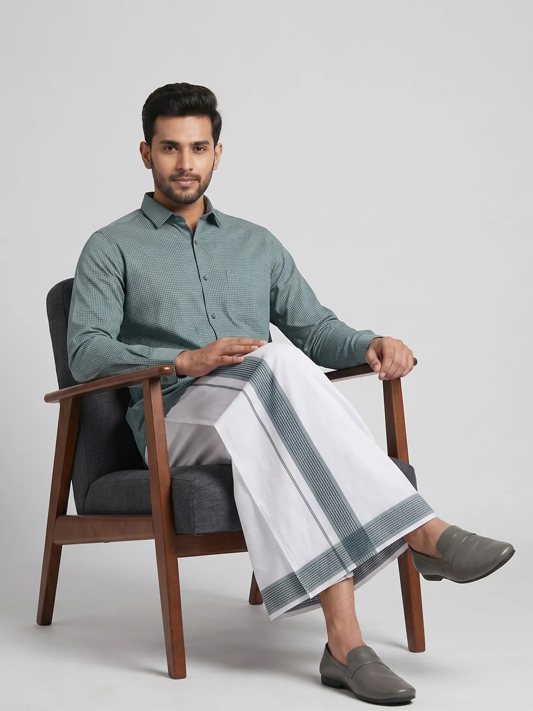 Men Seafoam Green Matching Border Dhoti With Printed Shirt Set Windsor HNJ3 - Image 7