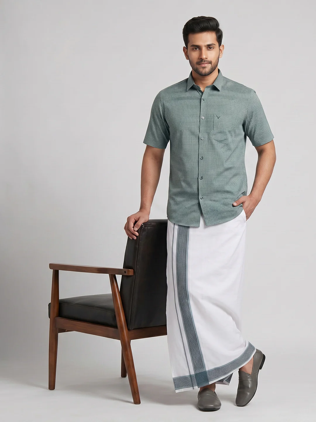 Men Seafoam Green Matching Border Dhoti With Printed Shirt Set Windsor HNJ3 - Image 8