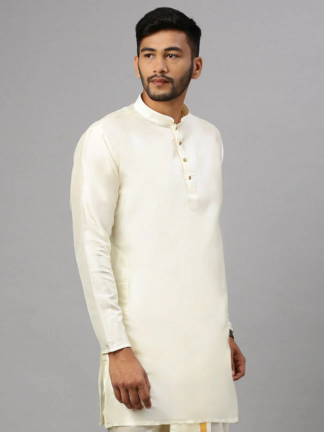 Men Silk Cotton Medium Length Plain Kurta Cream