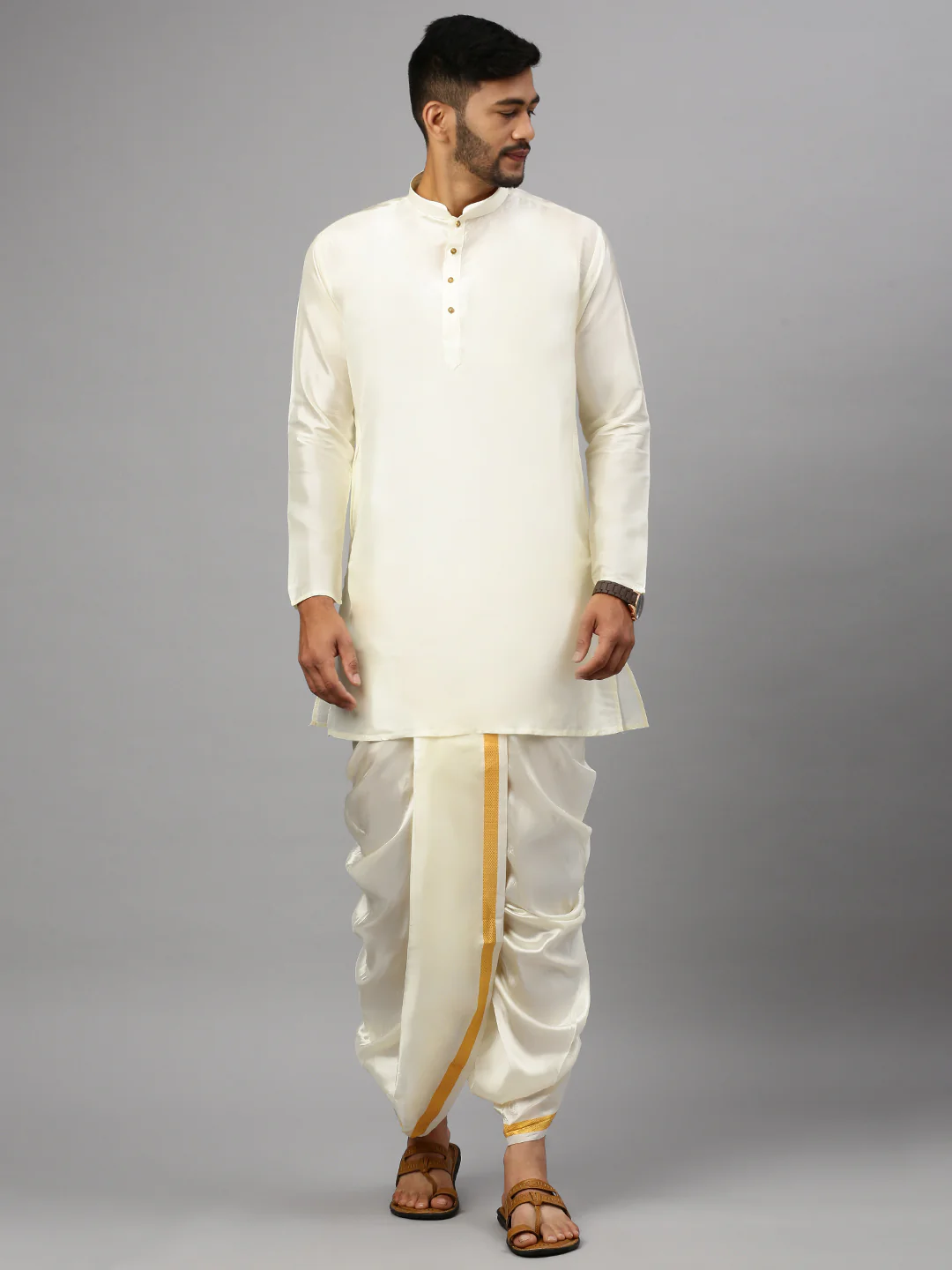 Men Silk Cotton Medium Length Plain Kurta Cream - Image 2