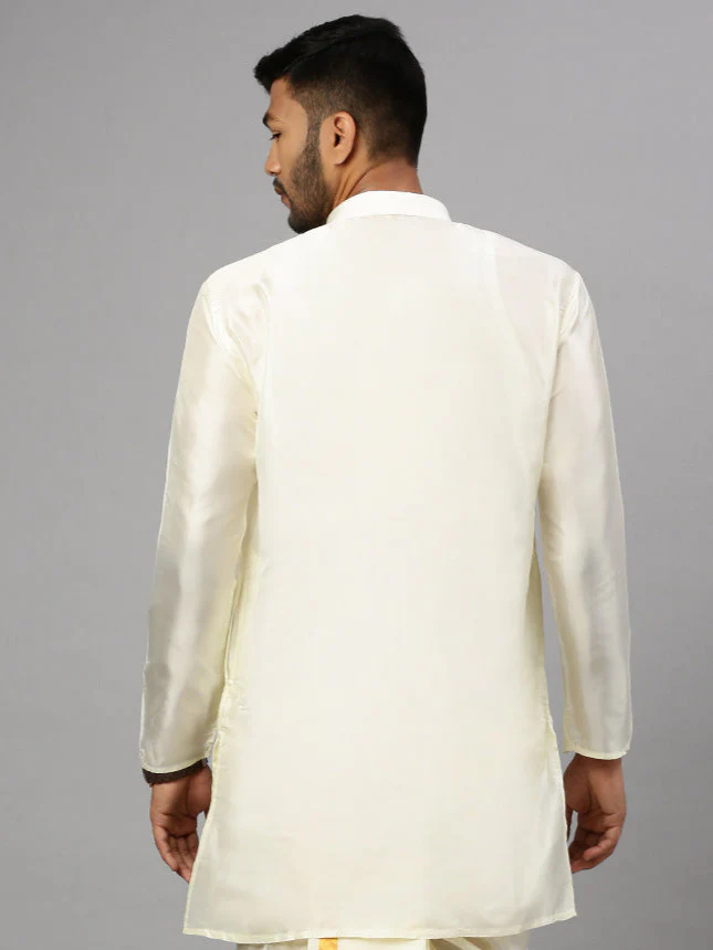Men Silk Cotton Medium Length Plain Kurta Cream - Image 3
