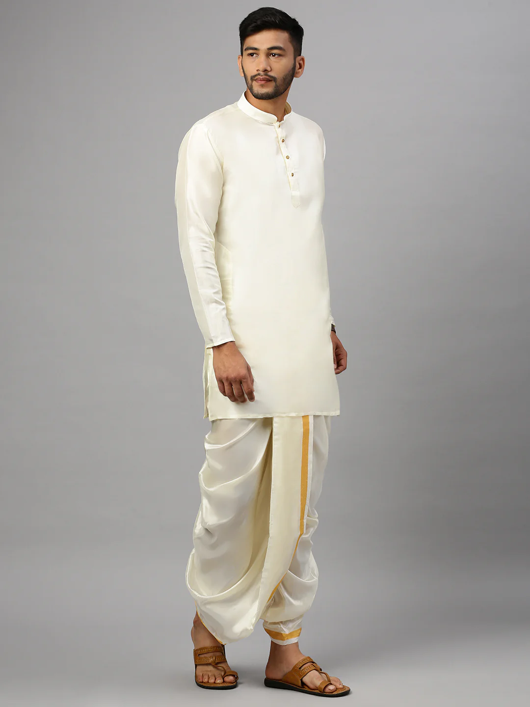Men Silk Cotton Medium Length Plain Kurta Cream - Image 4