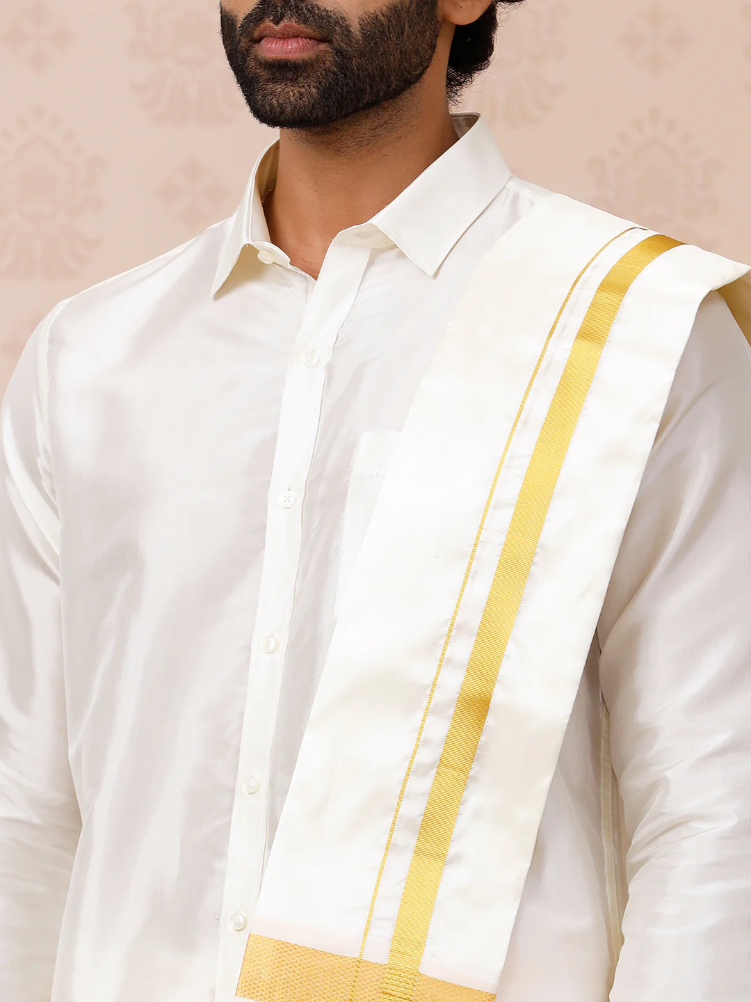 Men Pure Silk Cream Towel with 1 1/2" inch Jari Border Rajahamsa - Image 5