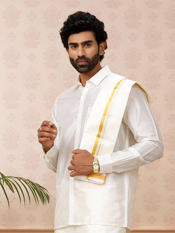 Men Silk Cream Towel with Gold Jari Border Suba Vivaga 40K