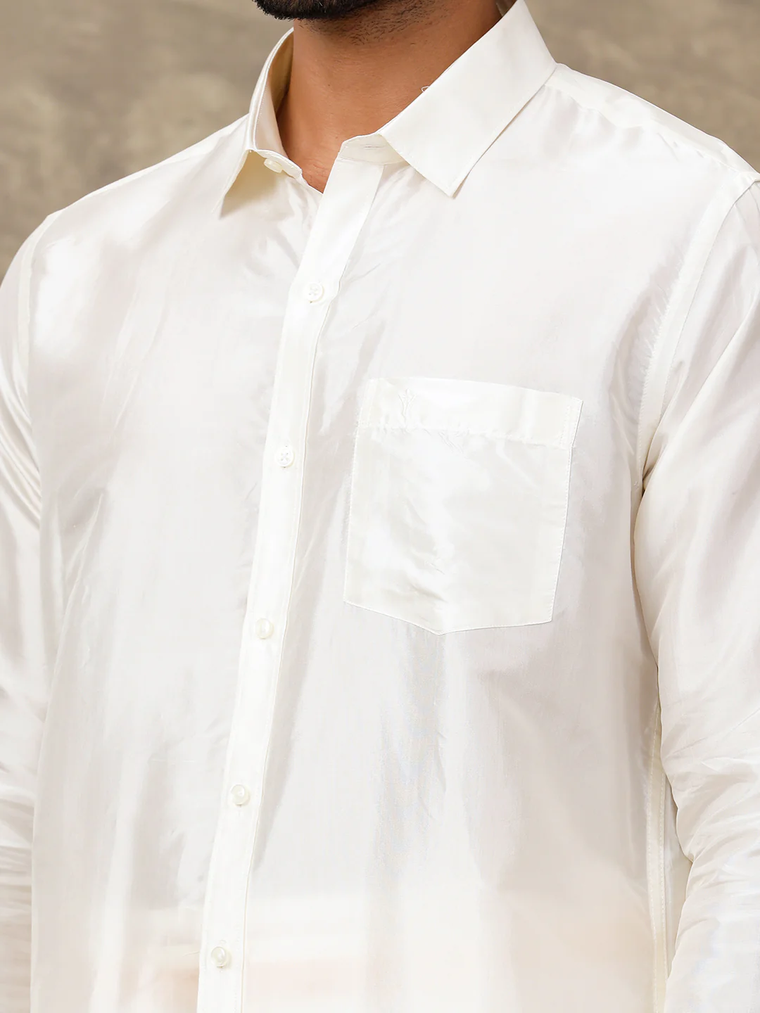Men Silk Cream with 1 1/2" inch Jari Dhoti Shirt & Towel Set Subha Vaibhavaa - Image 3