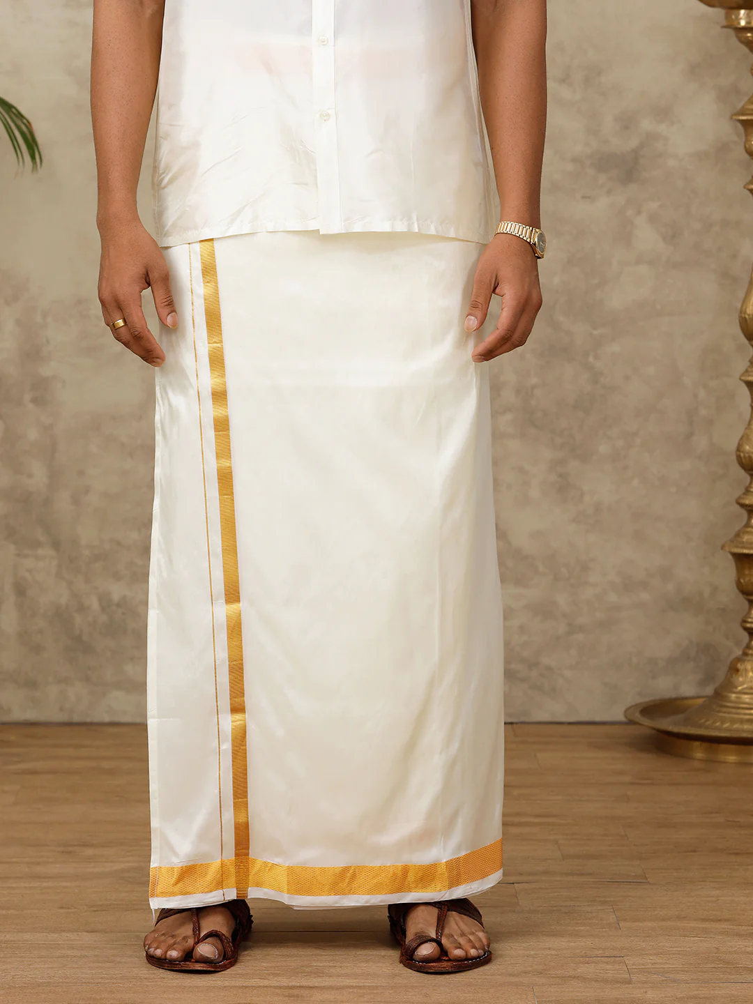 Men Silk Cream with 1 1/2" inch Jari Dhoti Shirt & Towel Set Subha Vaibhavaa - Image 4