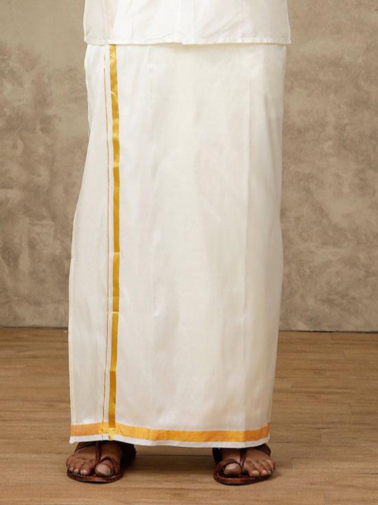 Men Silk Cream with 1/2" inch Gold Jari Border Dhoti & Shirting Suba Hamsa - Image 4