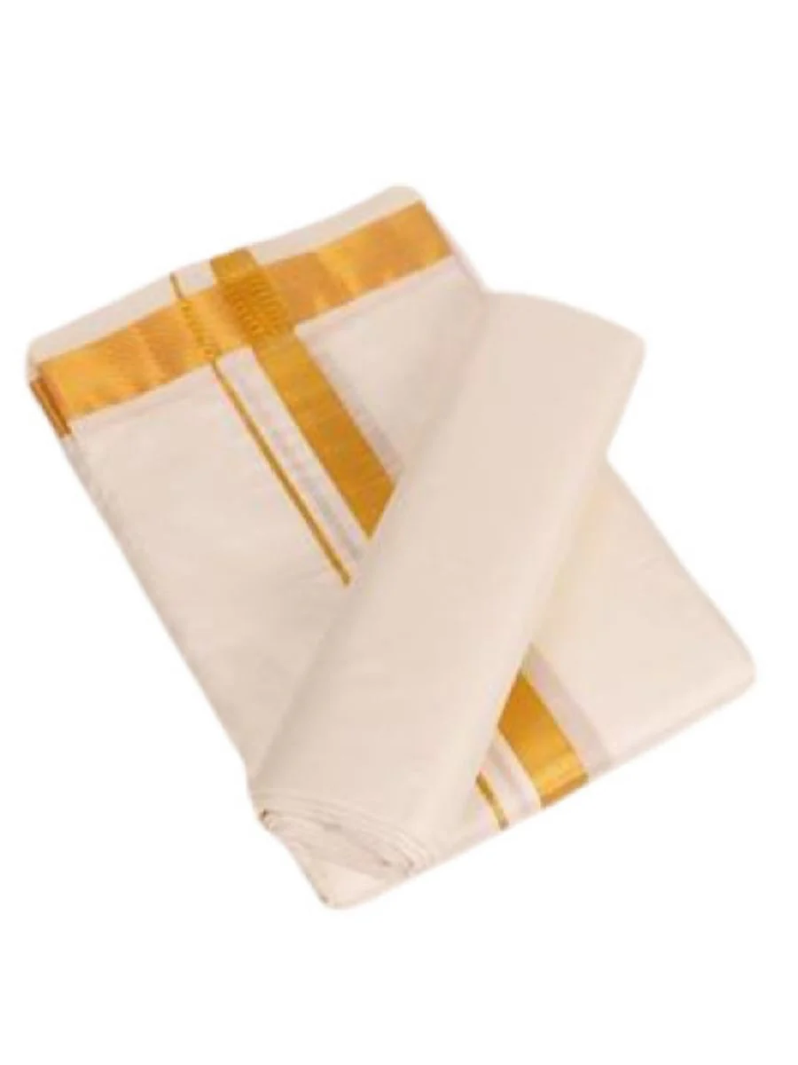 Men Silk Cream with 1/2" inch Gold Jari Border Dhoti & Shirting Suba Hamsa - Image 6