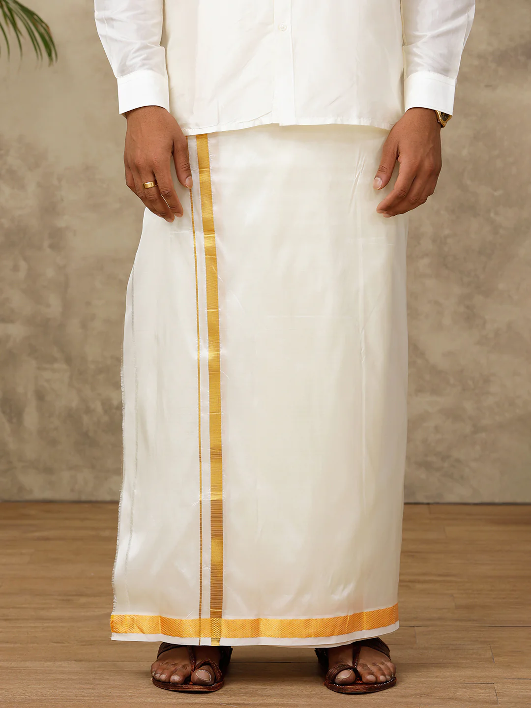 Men Silk Cream with 1" inch Gold Jari Border Dhoti & Shirting Suba Hamsa - Image 3