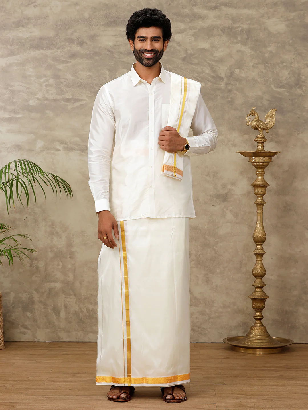 Men Silk Cream with 1" inch Jari Border Dhoti Shirt & Towel Set Subha Vaibhavaa - Image 2