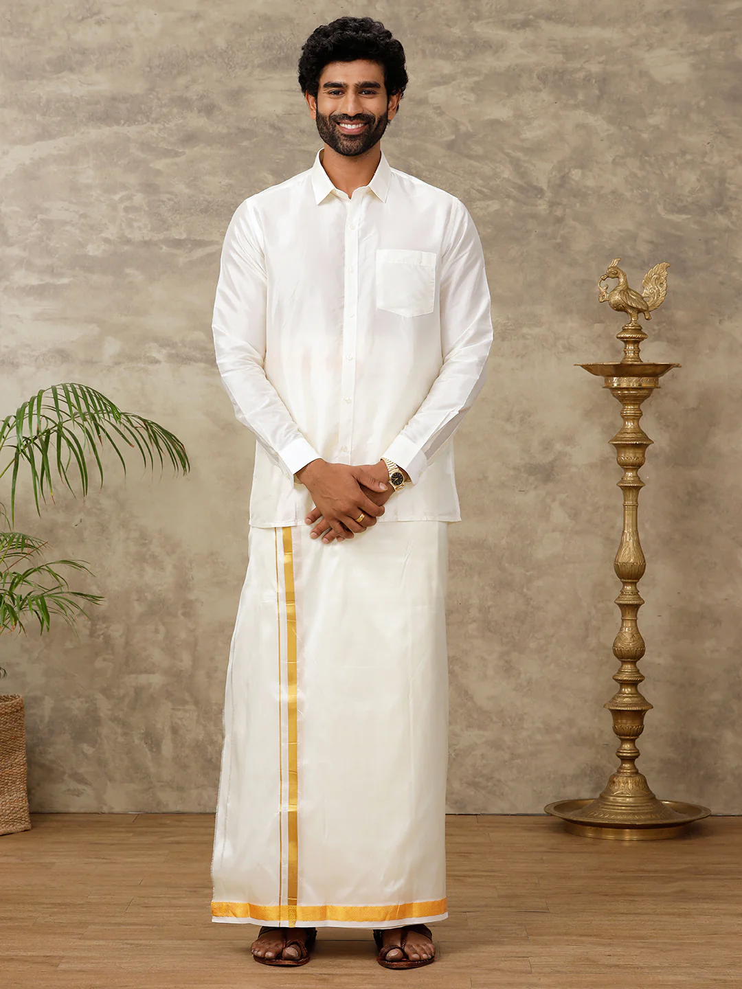 Men Silk Cream with 1" inch Jari Border Dhoti & Shirting Set Vivaga Chiranjeeve - Image 2