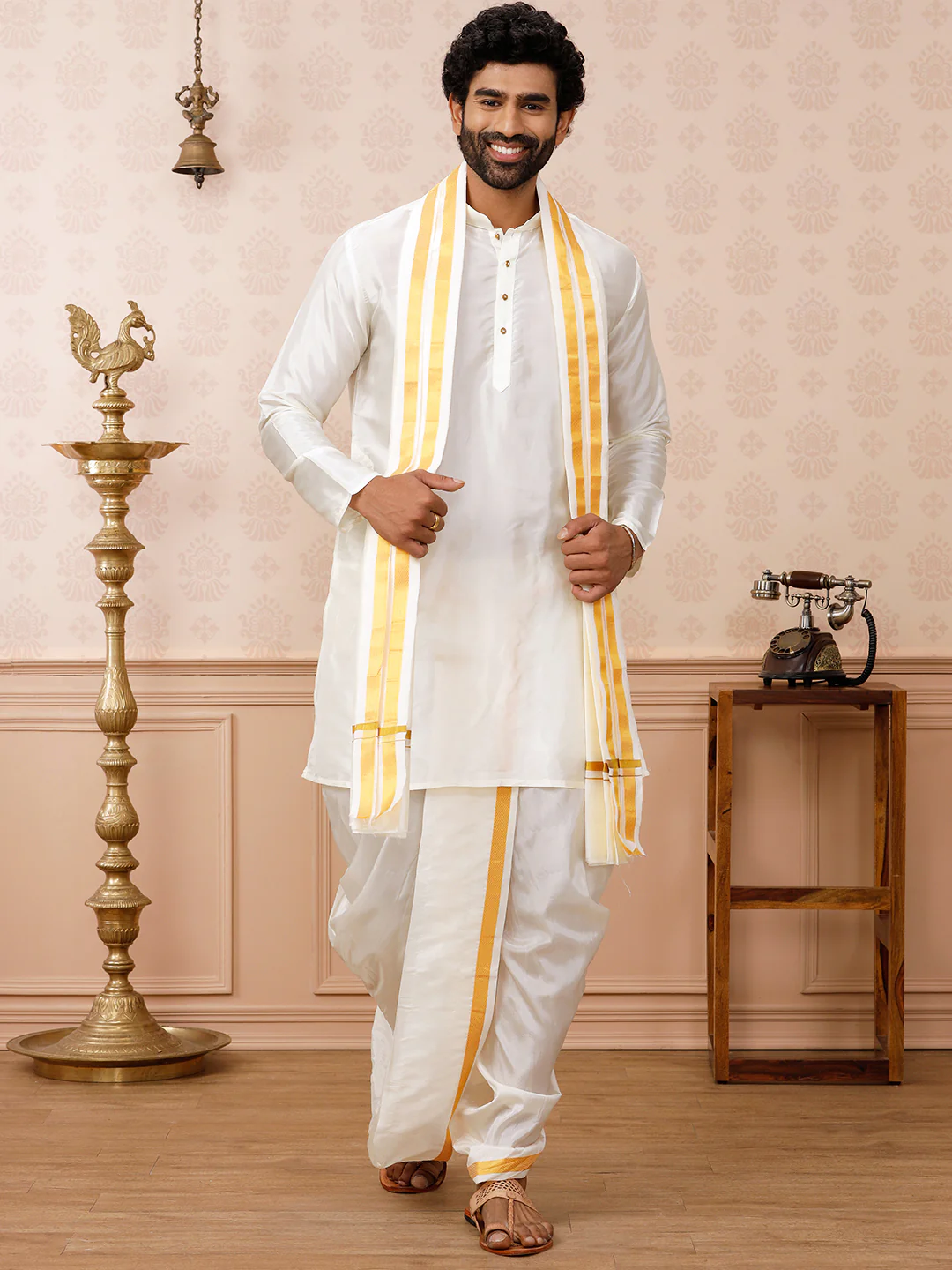 Men Silk Cream with 1" inch Jari Border Panchakacham & Towel Set Prasanthi - Image 2