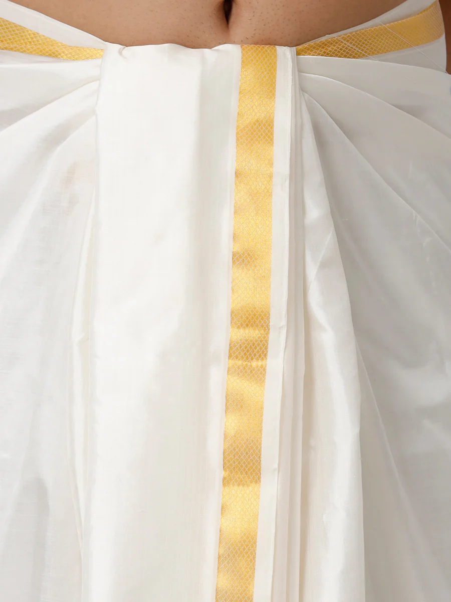Men Silk Cream with 1" inch Jari Border Panchakacham & Towel Set Prasanthi - Image 5