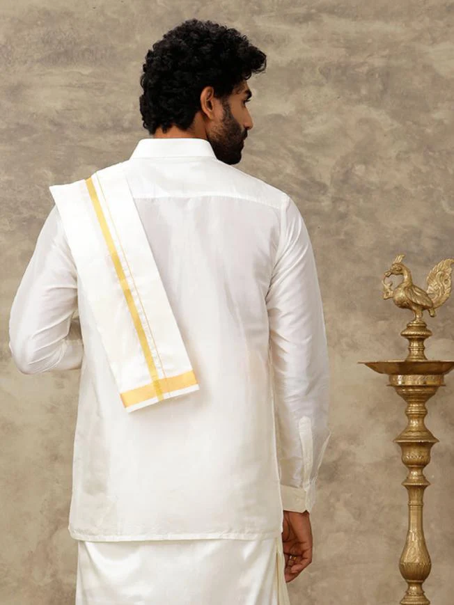 Men Silk Cream with 1" inch Jari Border Towel Suba Vivaga - Image 4