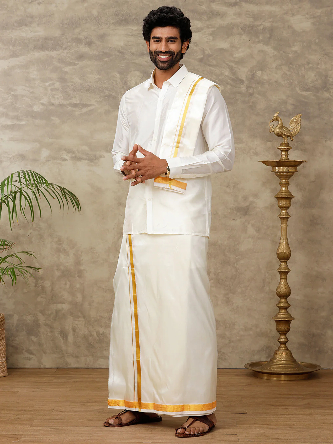 Men Silk Cream with 1" inch Jari Border Towel Suba Vivaga - Image 5