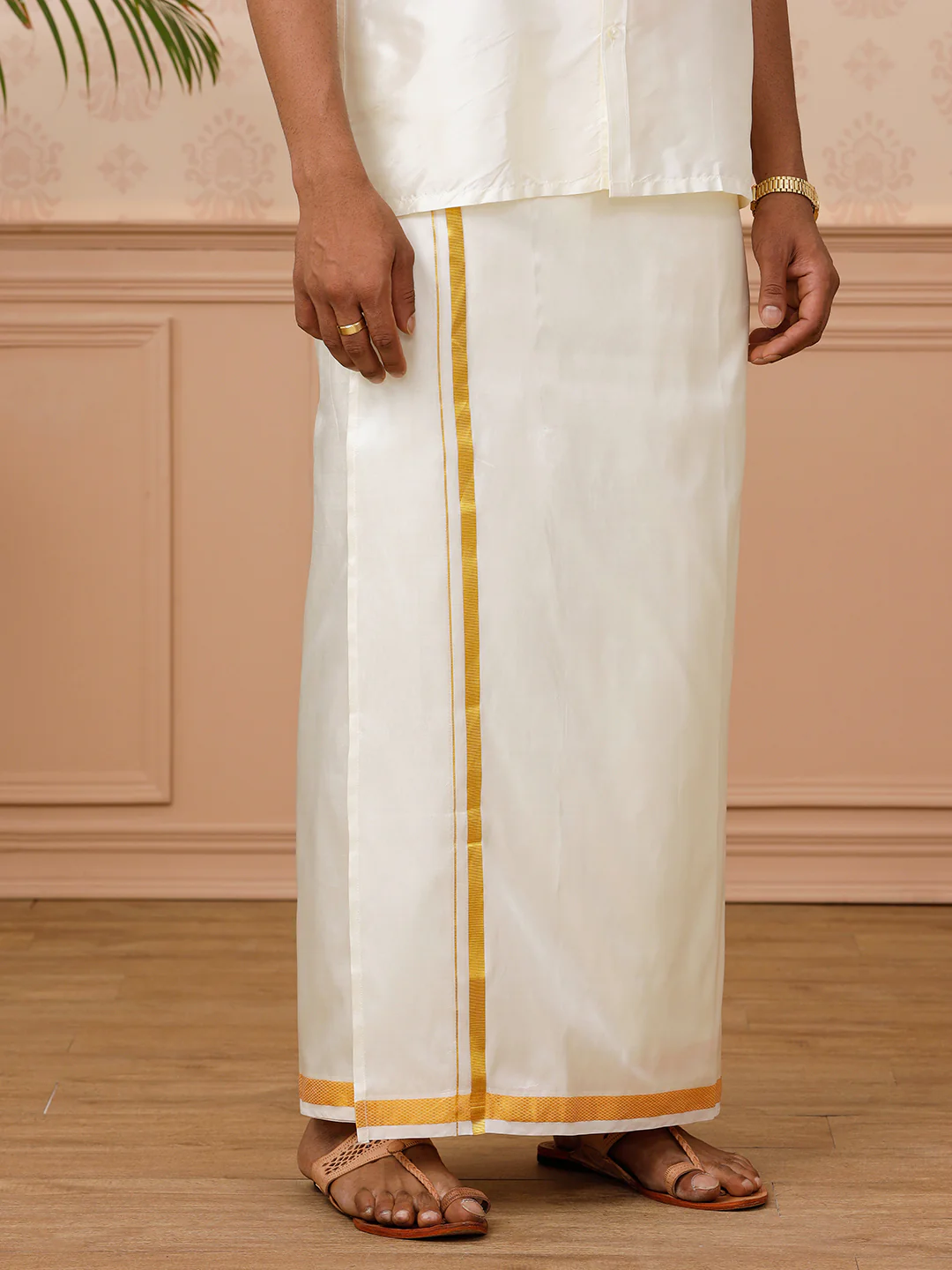 Men Silk Cream with 3/4" inch Gold Jari Border Dhoti & Shirting Suba Hamsa - Image 4