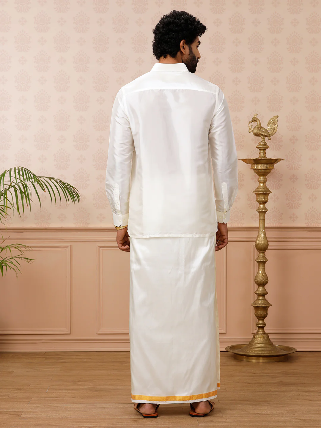 Men Silk Cream with 3/4" inch Gold Jari Border Dhoti & Shirting Suba Hamsa - Image 7