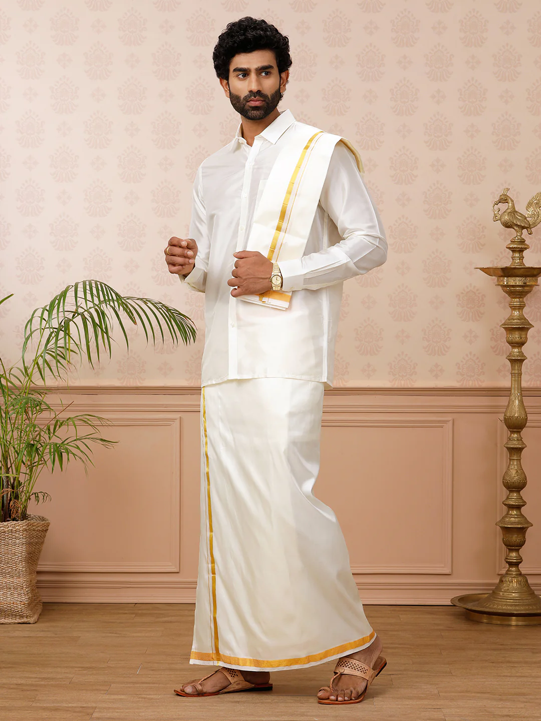 Men Silk Cream with 3/4" inch Jari Border Dhoti Shirt & Towel Set Subha Vaibhavaa - Image 3