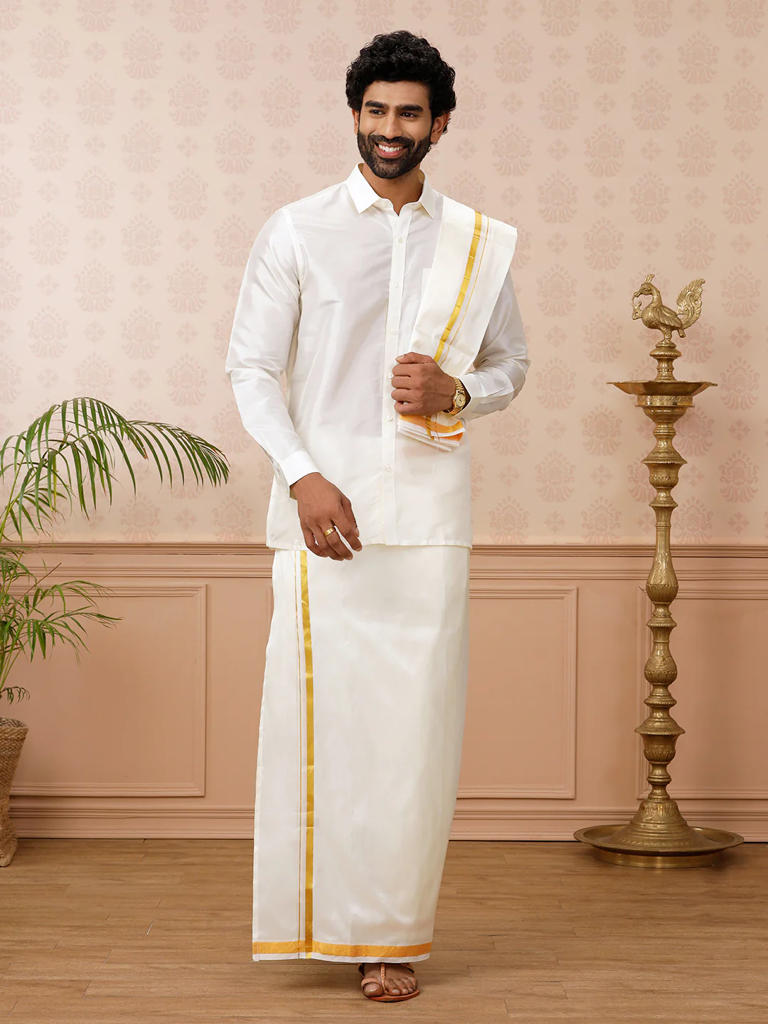 Men Silk Cream with 3/4" inch Jari Border Dhoti Shirt & Towel Set Subha Vaibhavaa - Image 4