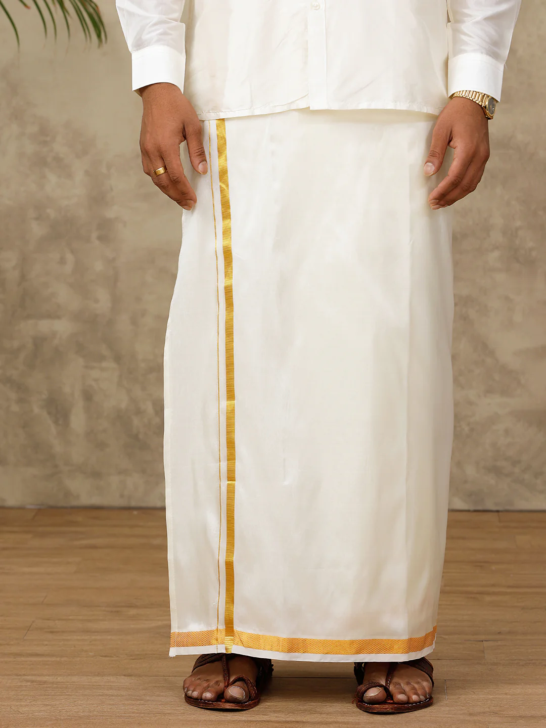 Men Silk Cream with 3/4" inch Jari Border Dhoti & Shirting Set Vivaga Chiranjeeve - Image 3